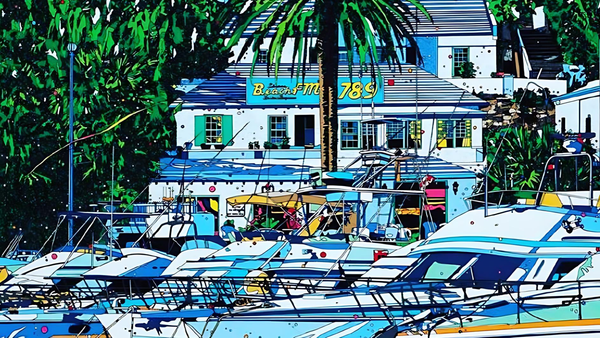 An illustration of Shonan Beach FM studios behind a marina full of small yachts.