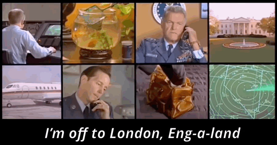 A clip from Austin Powers: International Man of Mystery. An American general tells his subordinate that he's off to "London, Eng-a-land."