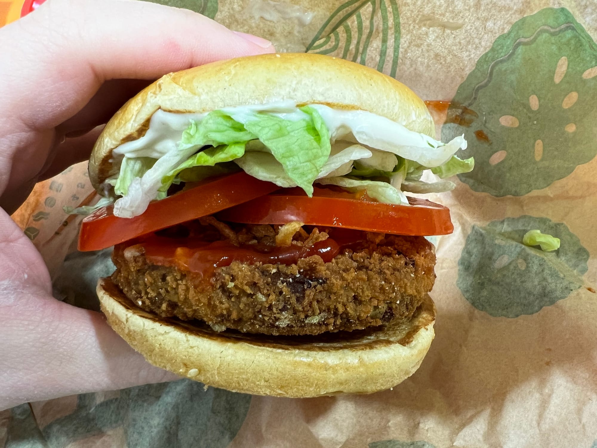 The Burger King Ultimate Bean Burger, seen from the side.