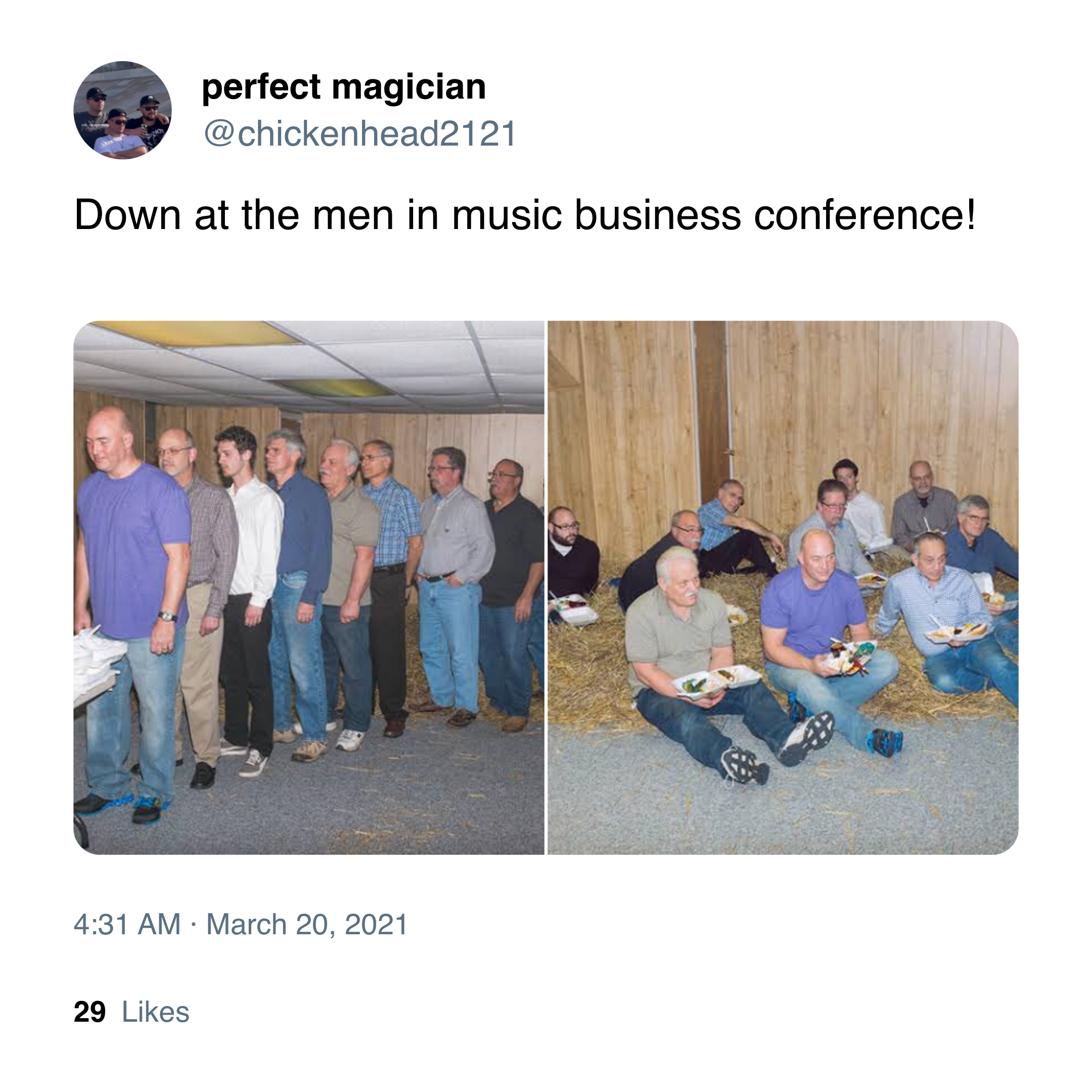 @chickenhead2121 on Twitter: "Down at the men in music business conference!" Two photos from the Dadsgiving viral photoset included.