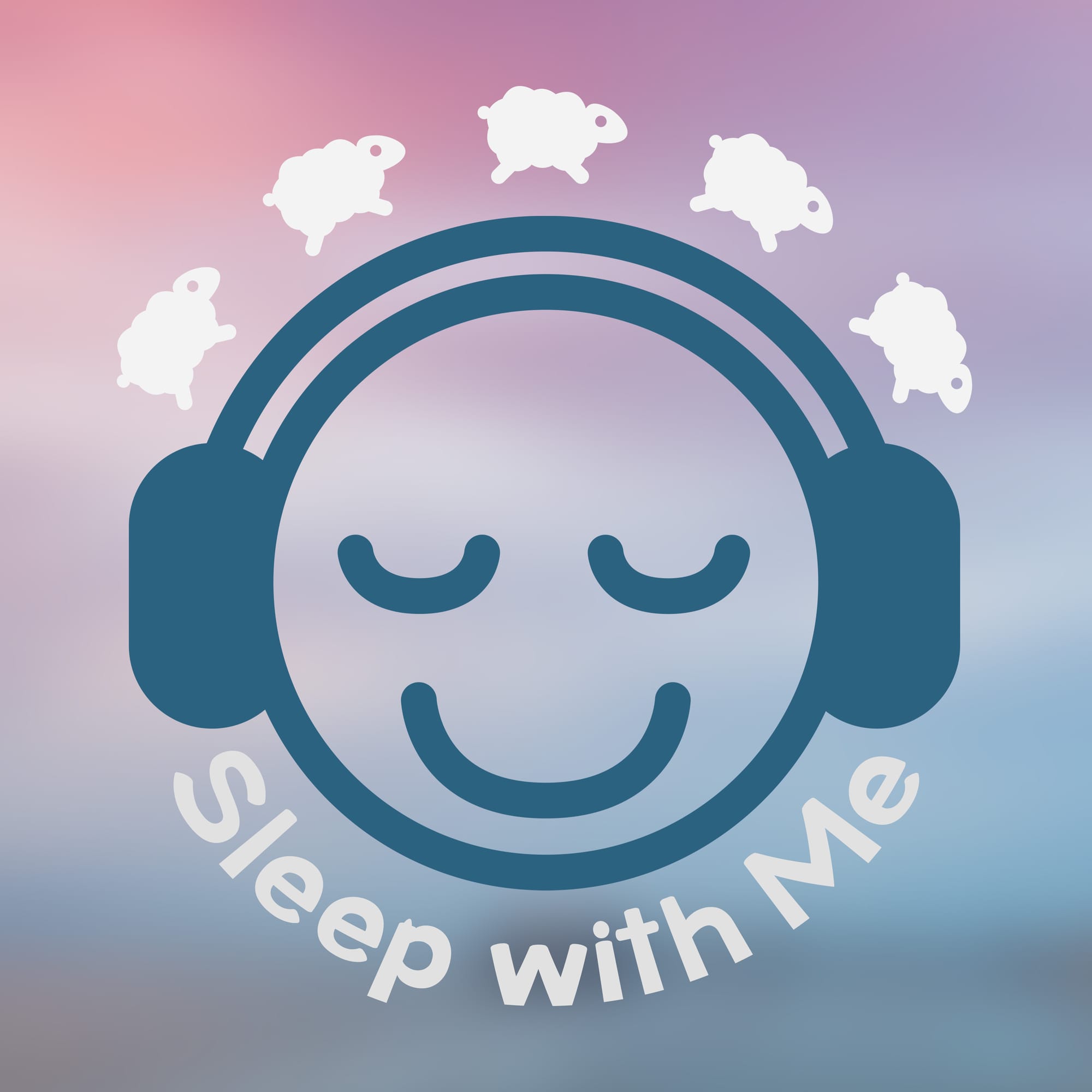 A contented smiley face listening to headphones with sheep floating above. "Sleep WIth Me"