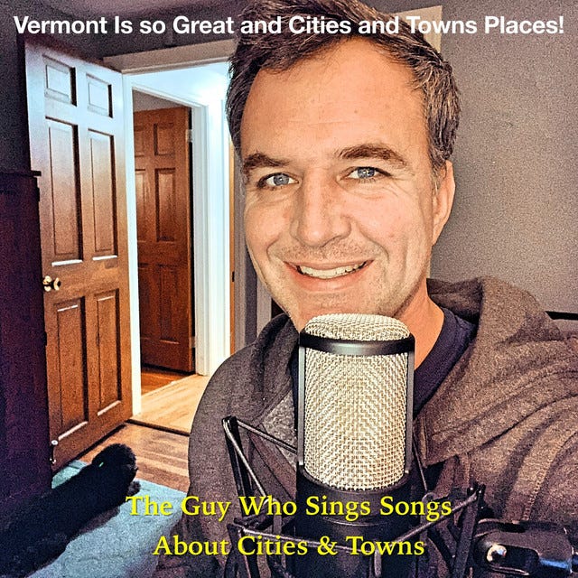 The album art for "Vermont Is so Great and Cities and Towns Places!" featuring Farley in front of his professional microphone.
