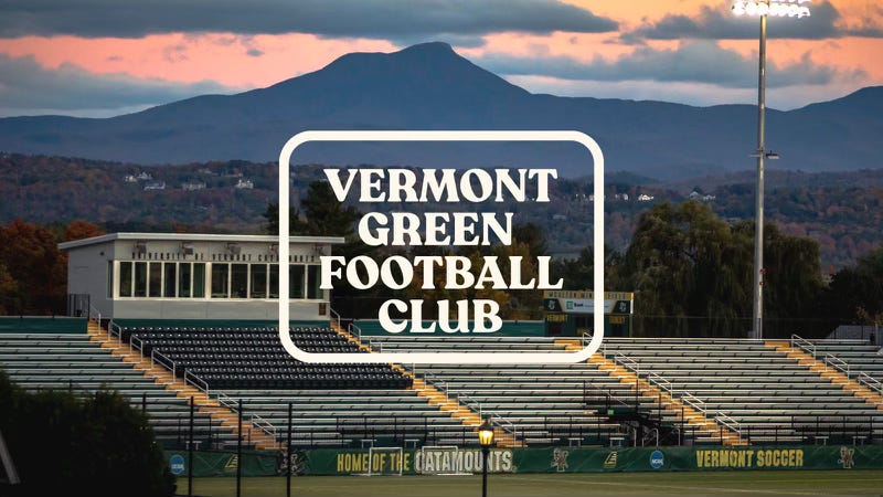 Text: Vermont Green Football Club logo, superimposed over University of Vermont's Virtue Field.