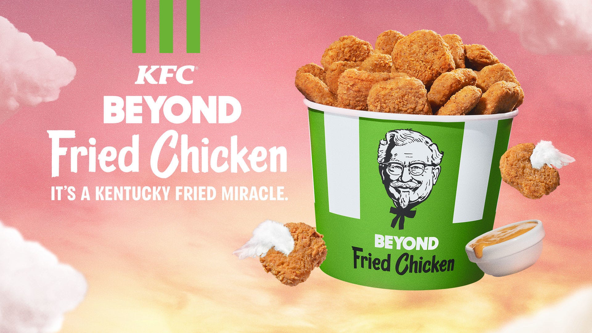 Advertisement showing KFC's Beyond Fried Chicken nuggets in a green KFC wings bucket.