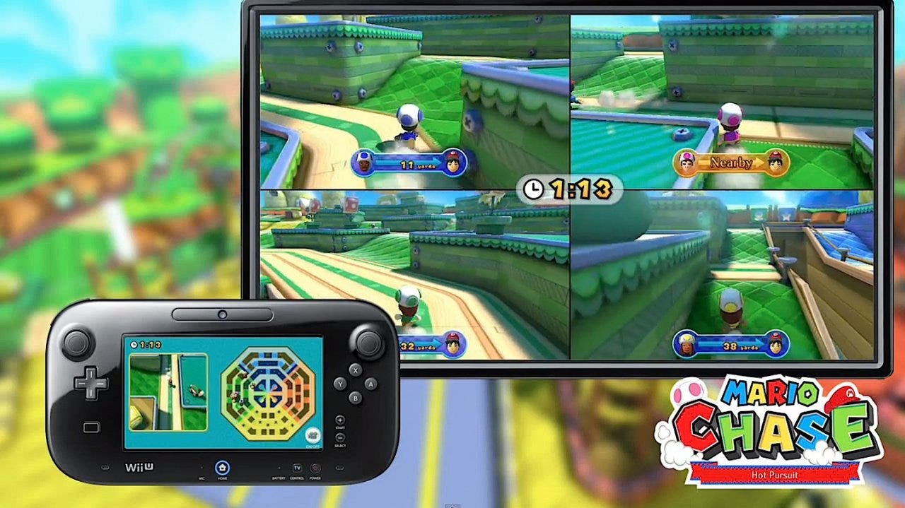 Press image for Mario Chase showing the view you see on the Wii U GamePad versus the TV.