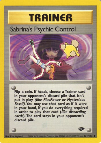 A Pokémon card: Sabrina's Psychic Control. The art features a psychic using her powers to physically maniplate a girl in a blue bikini and a duck-like Pokémon.