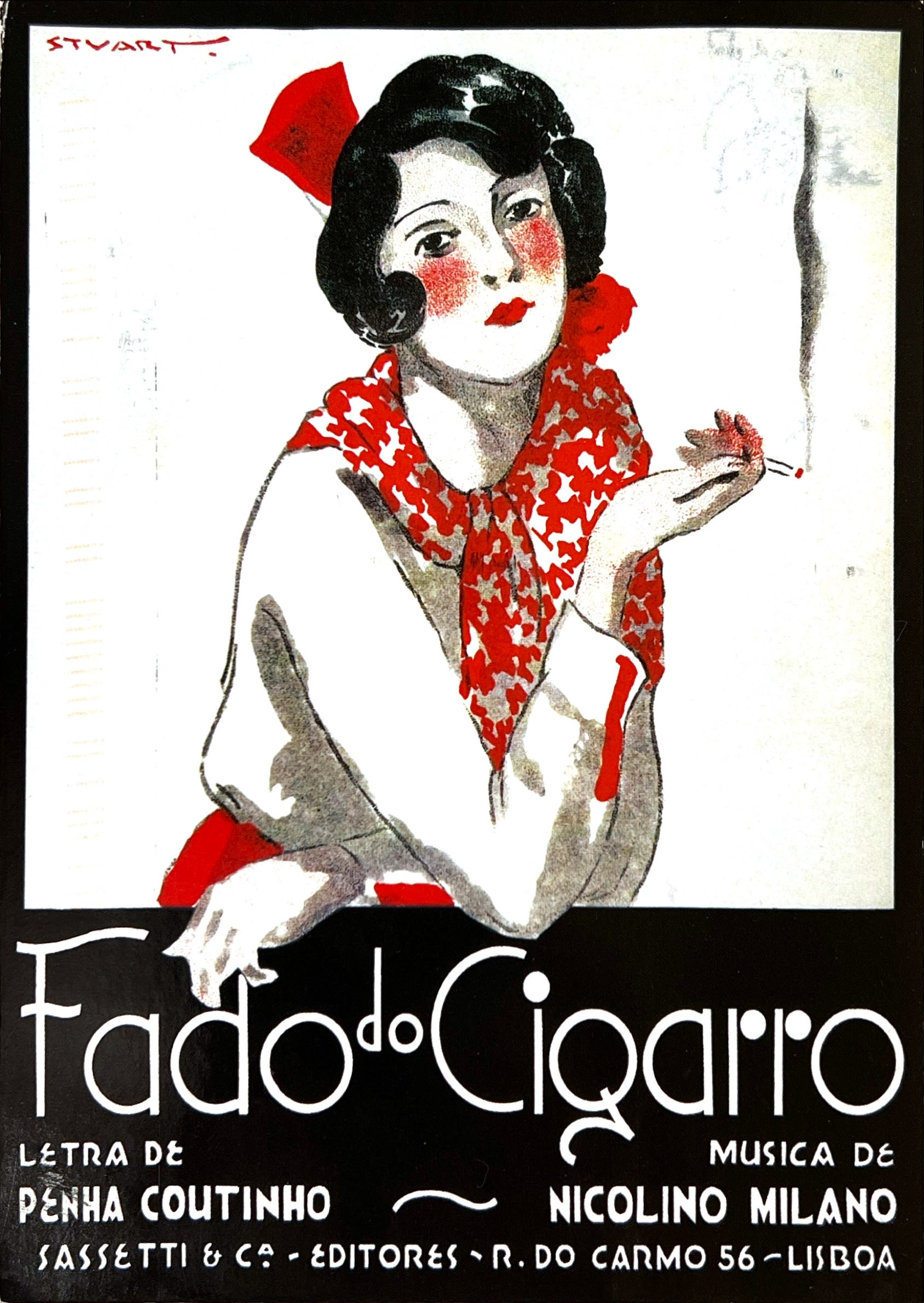 Older style illustration of a woman smoking a cigarette, with caption in foreign language.