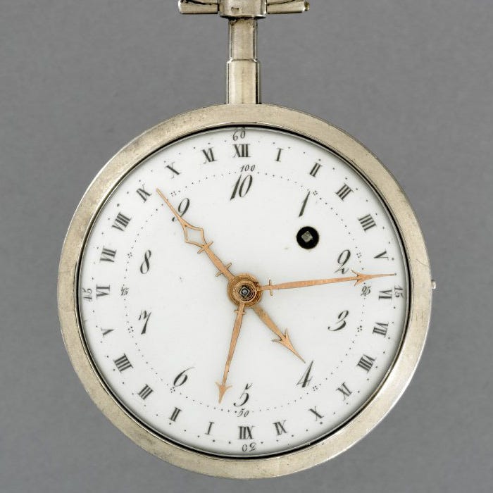 Antique pocket watch that tells decimal time — instead of going to 12, it goes to 10, so on and so forth.