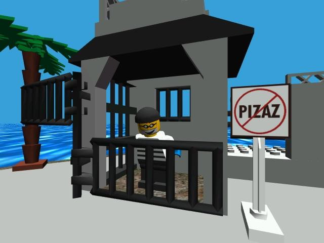 A screenshot from LEGO Island showing the Brickster in jail.