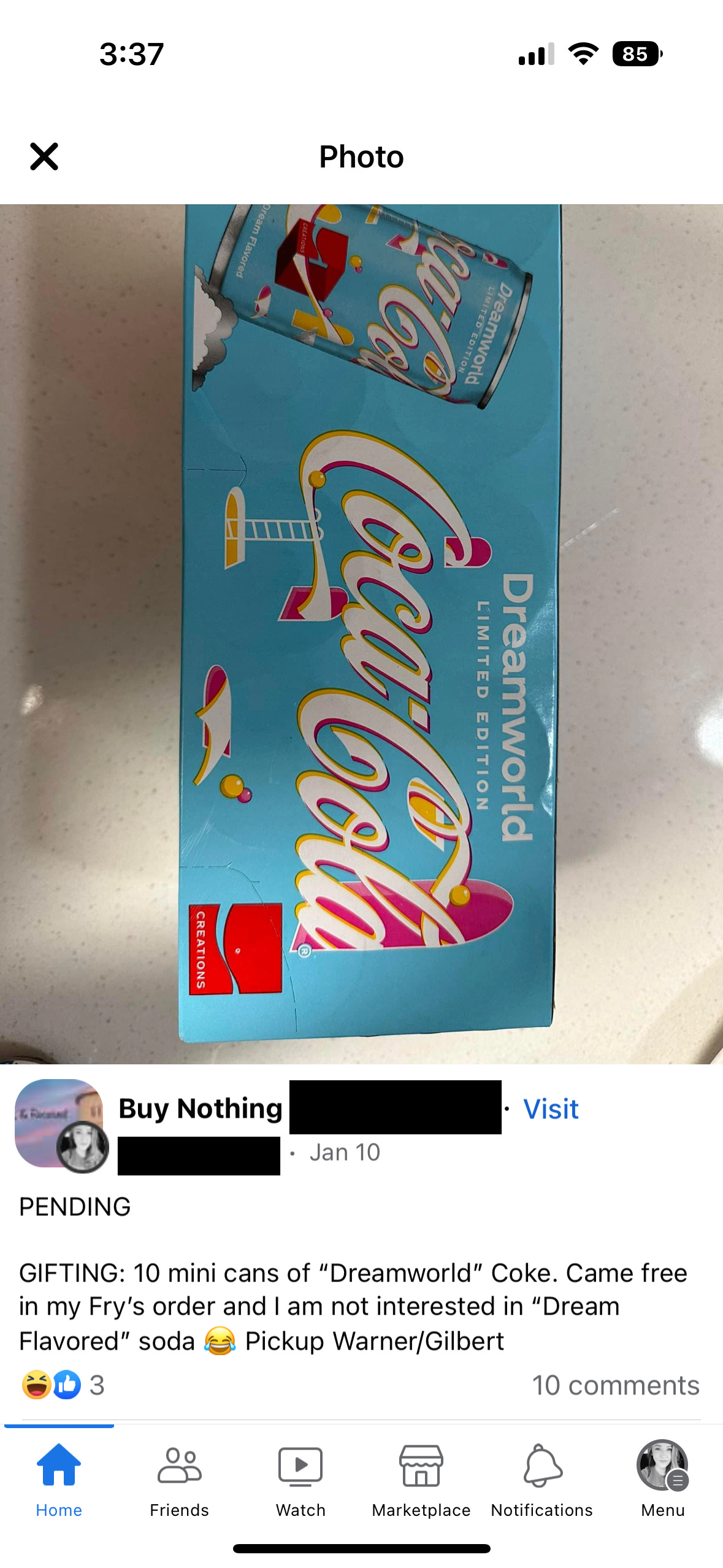 Screenshot of Dreamworld posting in "Buy Nothing" Facebook group.