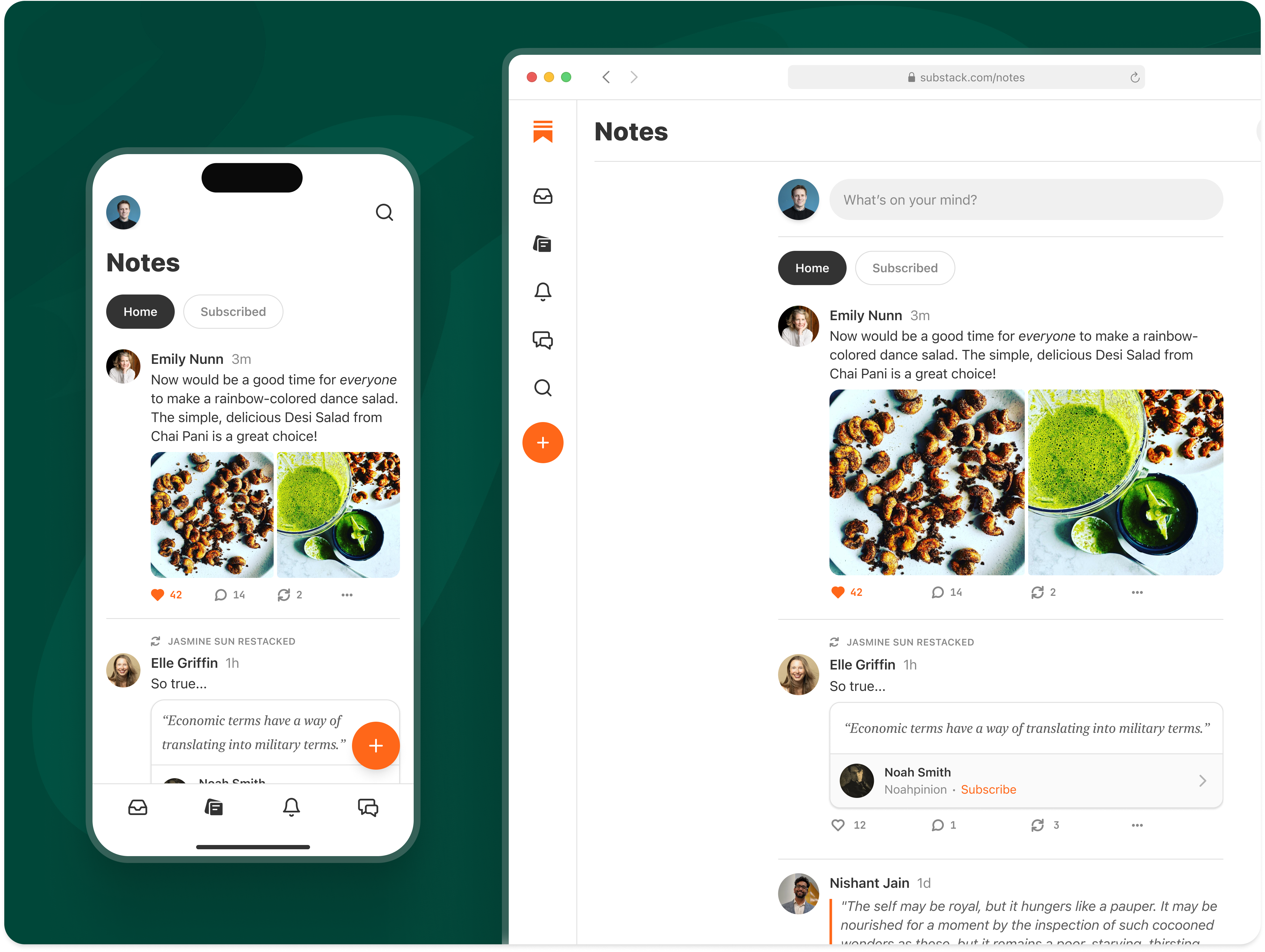 Screenshots of Substack Notes in the app and on the web.