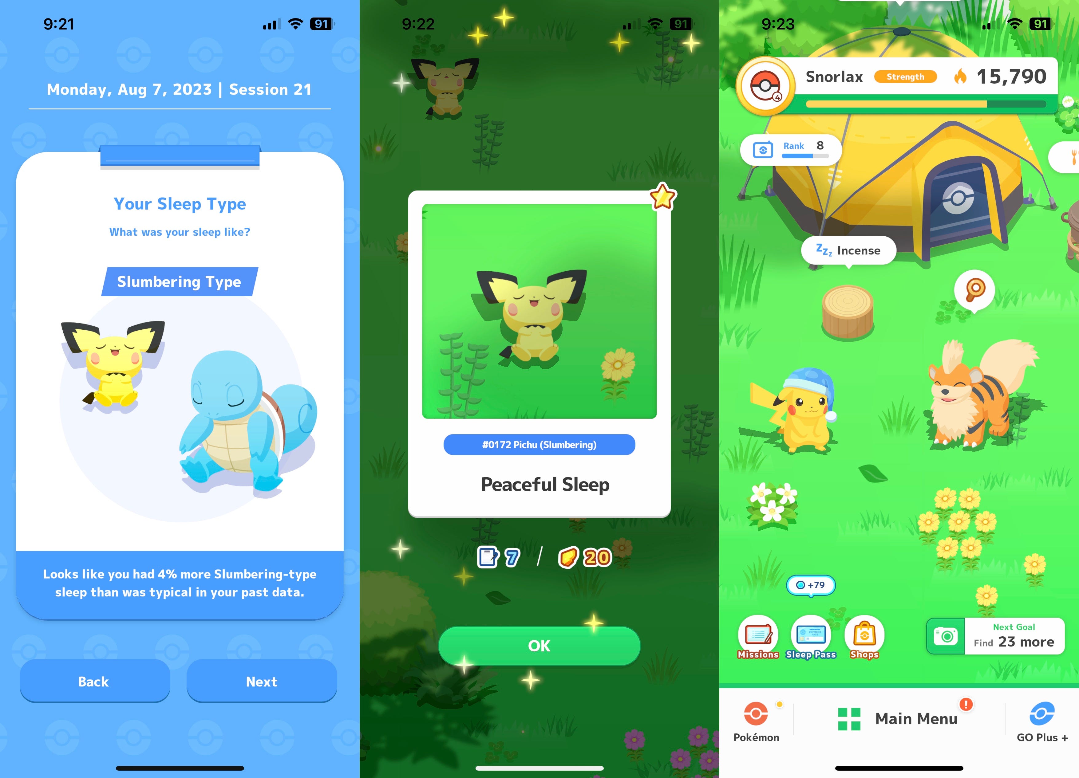 Three screenshots from Pokemon Sleep showing some basic gameplay mechanics.