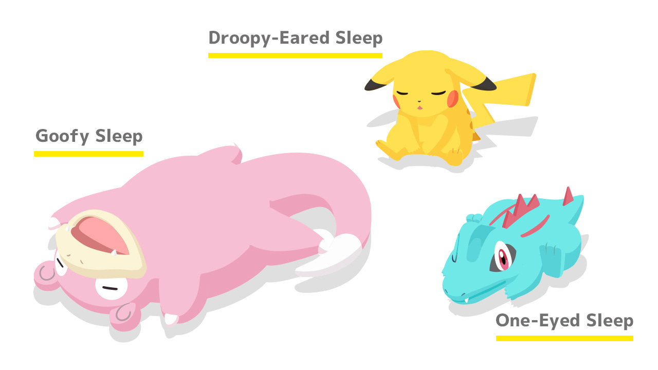 A showcase of various sleep styles including "goofy sleep," "droopy-eared sleep," and "one-eyed sleep."