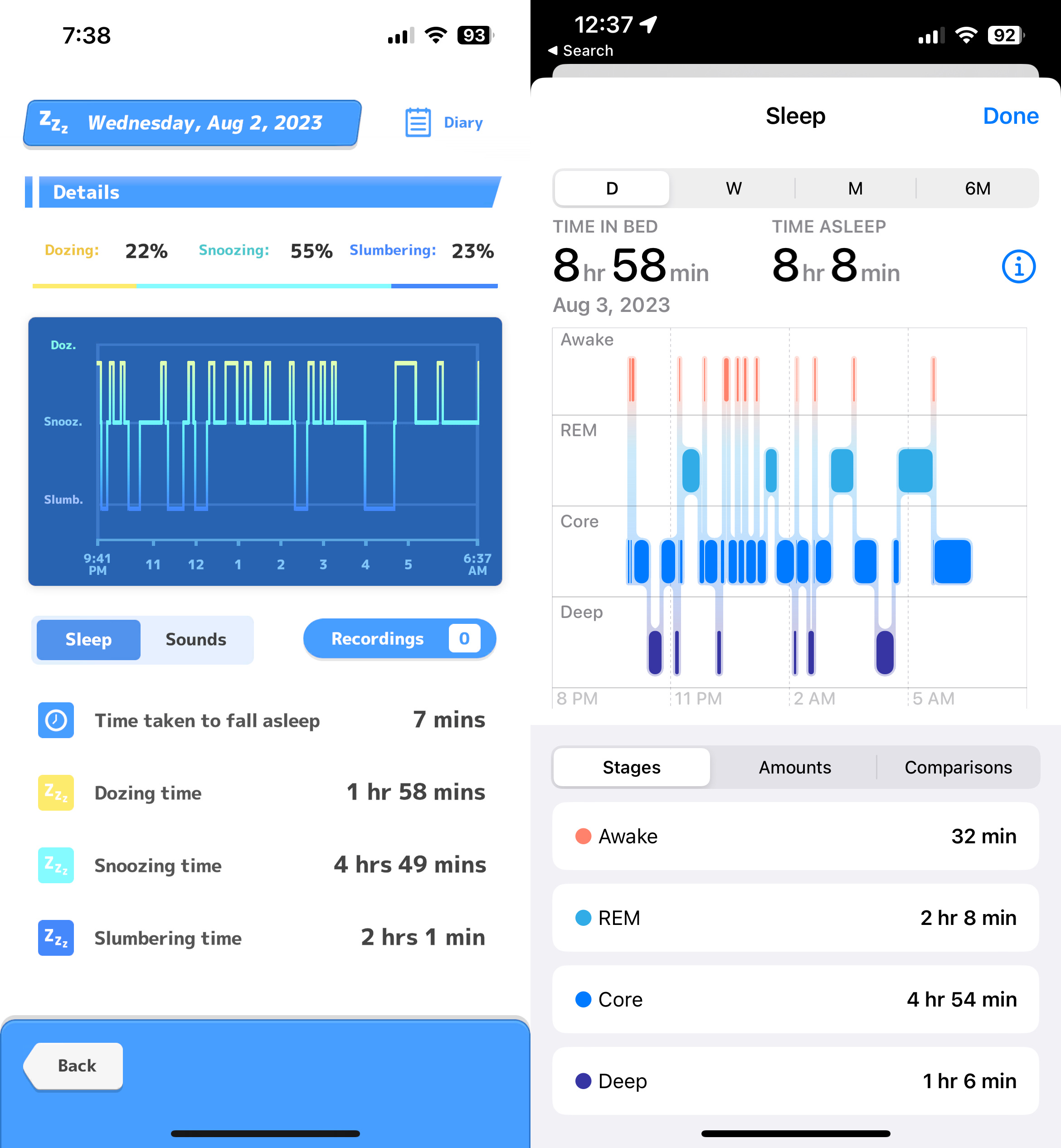 Screenshots from Pokemon Sleep and Apple Health, showing the same night of sleep tracked.