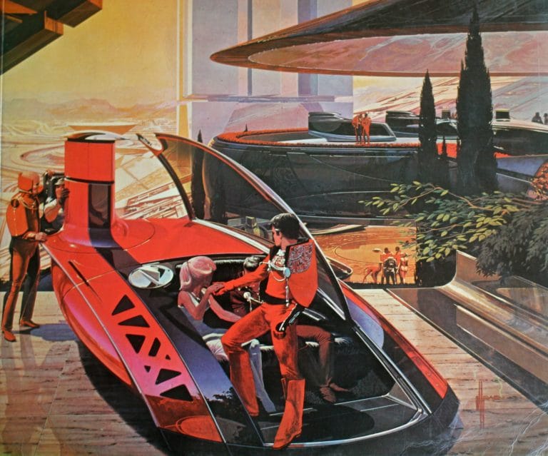 Illustration of men and women exiting a futuristic looking, sleek transporation vehicle.