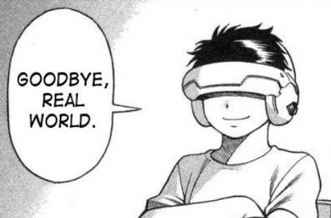 Image from Takami Nozomu's "Ne.To.Ge" — a boy in a VR headset says "Goodbye, real world."