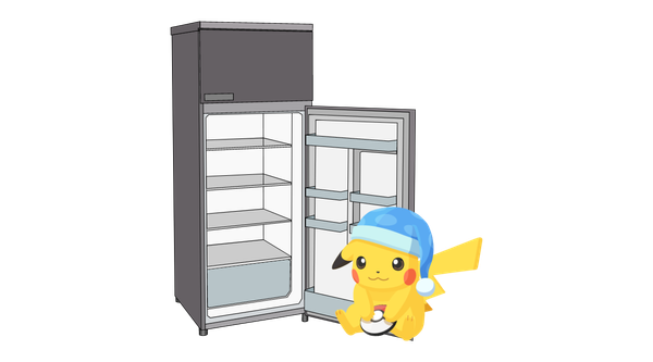 Pikachu in a night cap sits in front of the Night Water refrigerator.