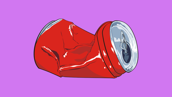 A crushed soda can on a purple background.