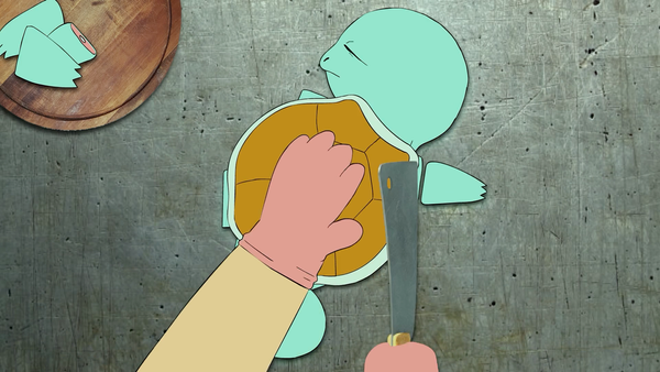 Screenshot from Pokémenu video showing someone cutting off a Squirtle's limbs with a large butcher's knife.
