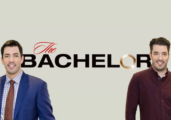 Jonathan and Drew Scott standing in front of The Bachelor logo.