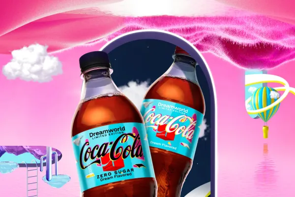 A dream-like 3D landscape and two bottles of Coca-Cola Dreamworld.