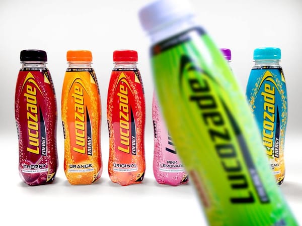 A line-up of Lucozade bottles of various flavors.