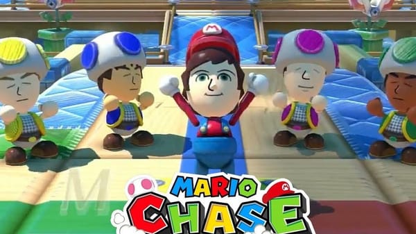 Screenshot from Mario Chase showing Mii Toads surrounding a Mii Mario.