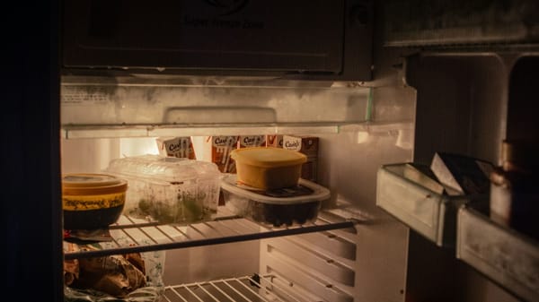 The inside of a fridge, late at night.