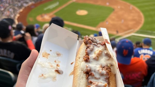 A vegan hot dog, baseball game in background.