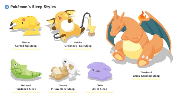 A showcase of six different Pokémon sleep styles.