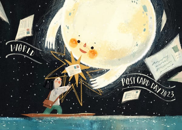 The official World Postcard Day 2023 design. A child in a boat hands a postcard to the moon.