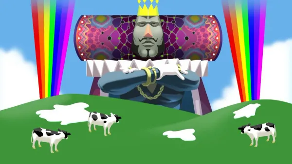 Art of the King of All Cosmos and a field of cows from Katamari Damacy.