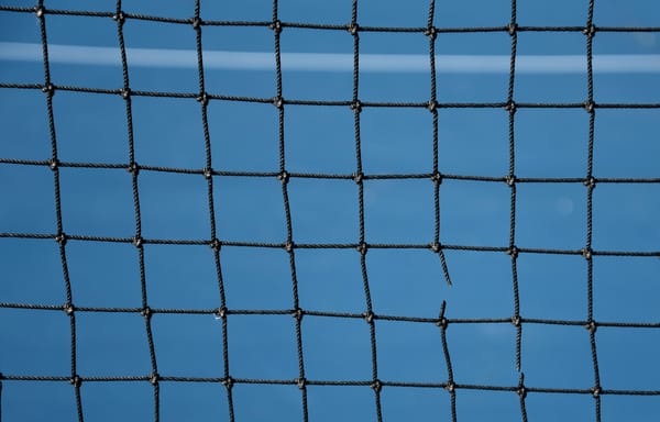 Close up on a pickleball net. One of the strings is broken, perhaps hinting at strife in the community.